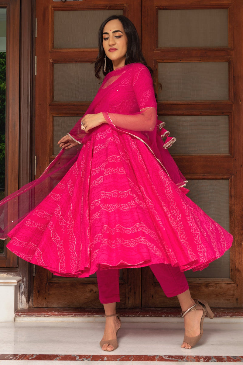 BHANDHEJ PINK COTTON HAND BLOCK ANARKALI SET WITH SOFT NET DUPATTA - Pomcha Jaipur
