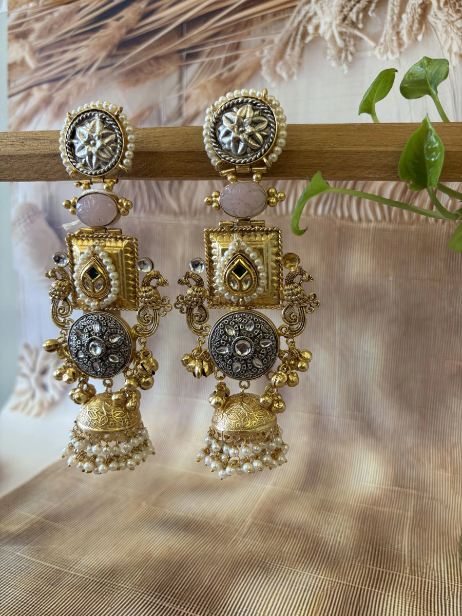 BIBA GOLD AND SILVER TONE KUNDAN PEARL BEADED JHUMKA SET - Pomcha Jaipur