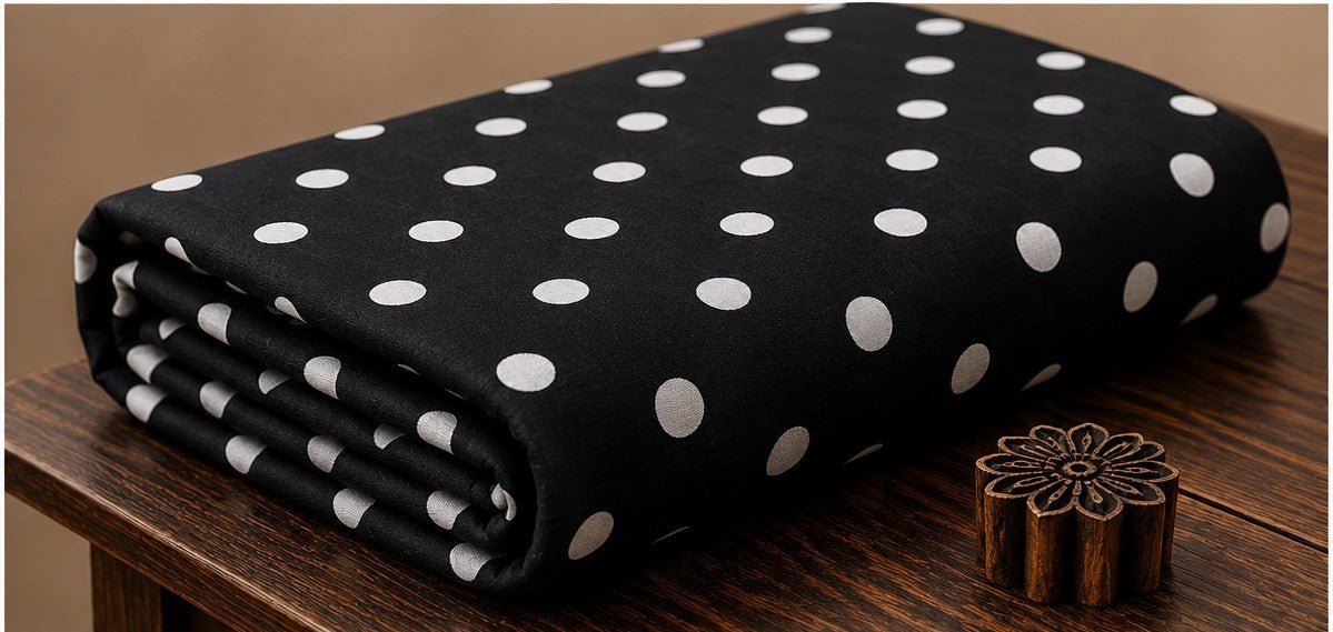 BLACK POLKA DOT COTTON FABRIC - Pomcha Jaipur