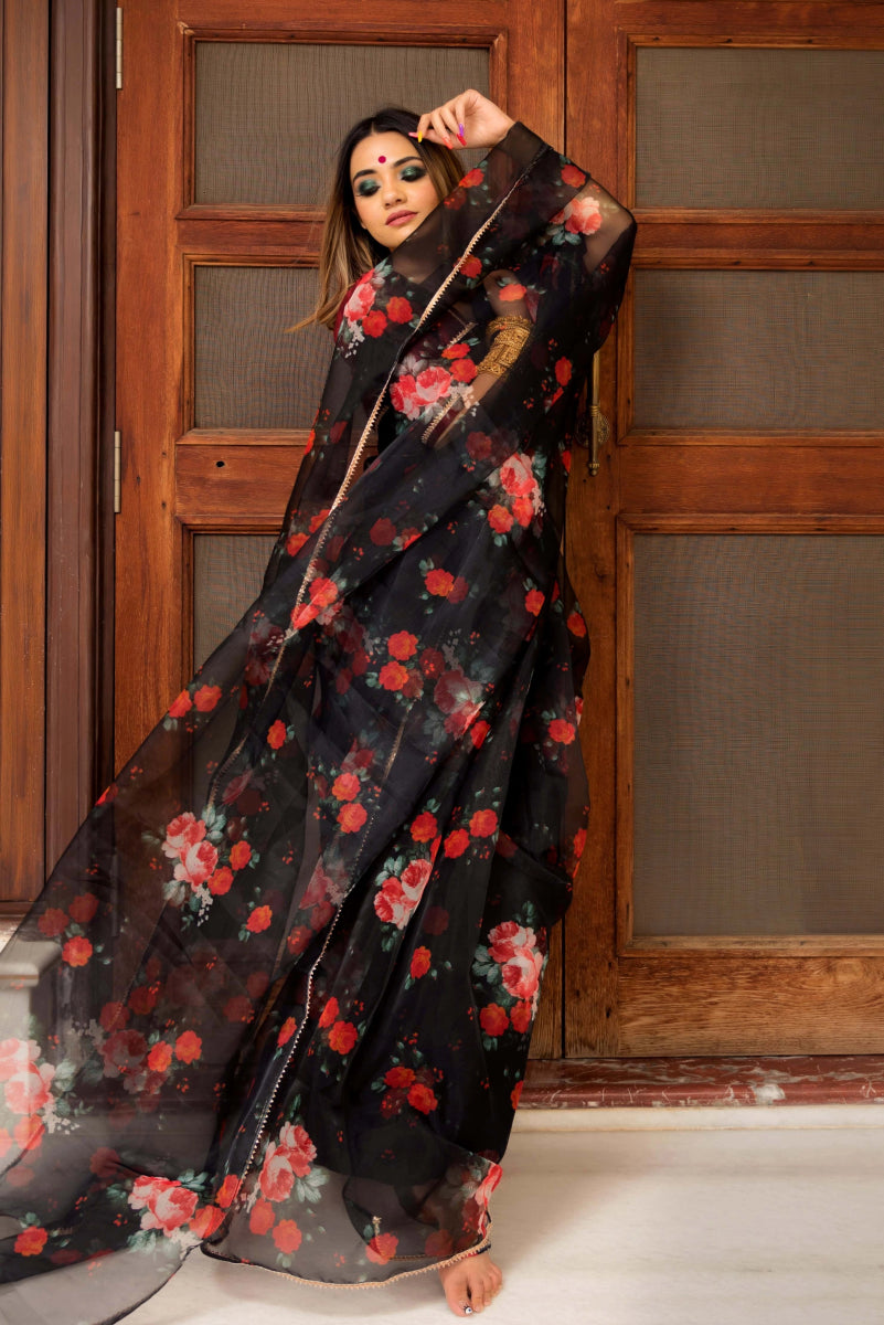 BLACK & RED ORGANZA SAREE - Pomcha Jaipur