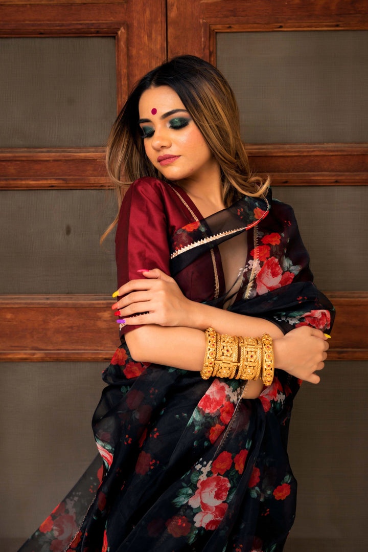 BLACK & RED ORGANZA SAREE - Pomcha Jaipur