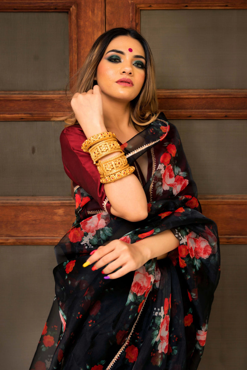 BLACK & RED ORGANZA SAREE - Pomcha Jaipur