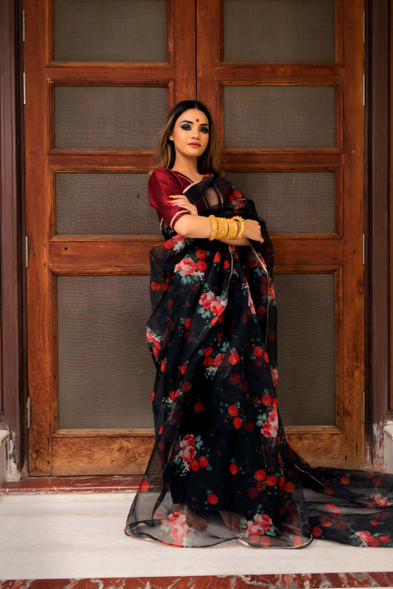 BLACK & RED ORGANZA SAREE - Pomcha Jaipur