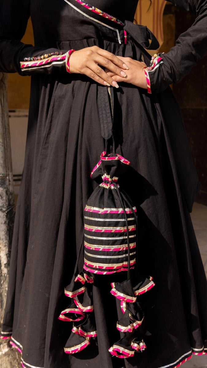 BLACK ROSE COTTON ANGRAKHA SET - Pomcha Jaipur