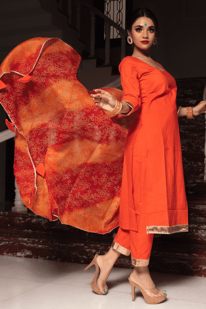 BLOOM ORANGE COTTON SUIT SET - Pomcha Jaipur