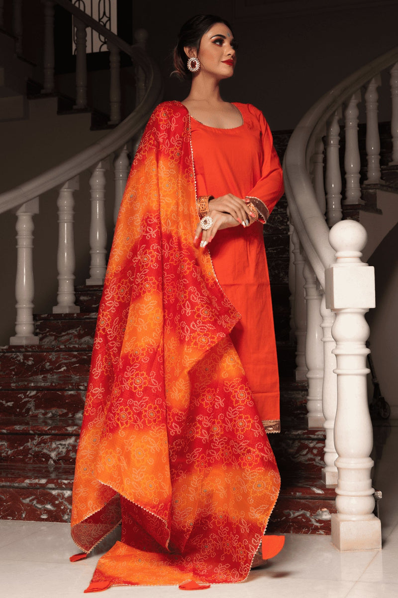 BLOOM ORANGE COTTON SUIT SET - Pomcha Jaipur