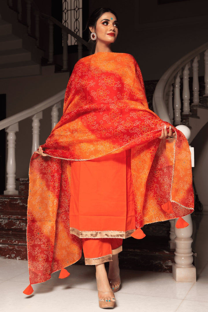 BLOOM ORANGE COTTON SUIT SET - Pomcha Jaipur