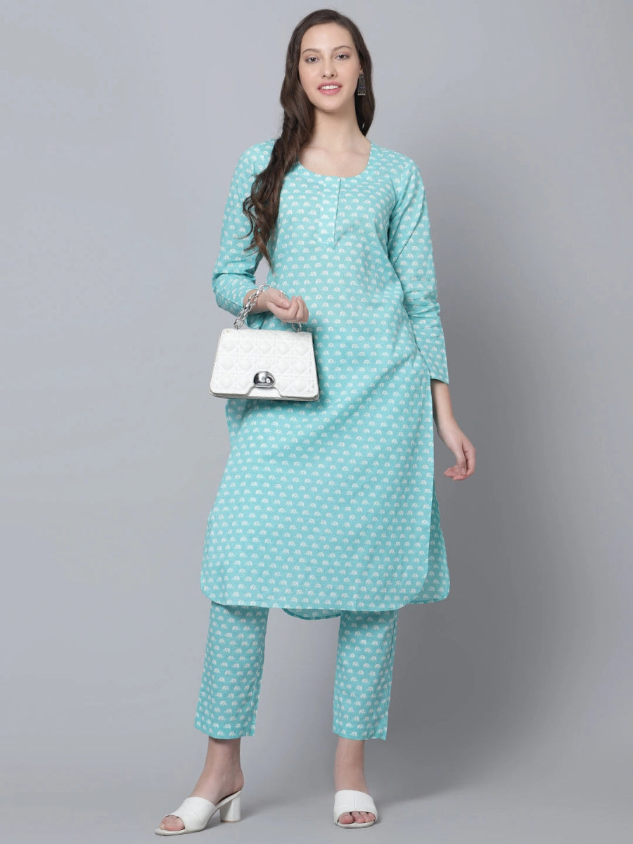 BLUE AMBER COTTON HAND BLOCK KURTA PANT SET - Pomcha Jaipur