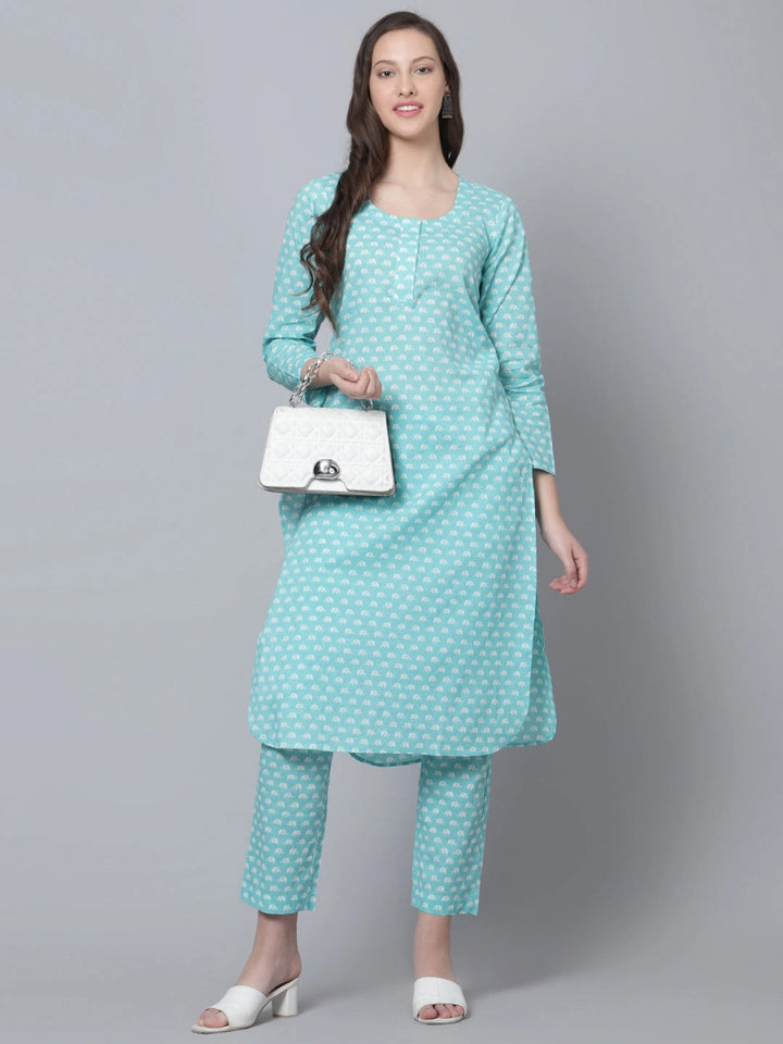 BLUE AMBER COTTON HAND BLOCK KURTA PANT SET - Pomcha Jaipur