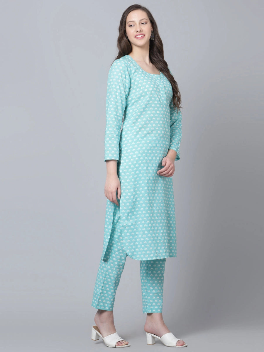 BLUE AMBER COTTON HAND BLOCK KURTA PANT SET - Pomcha Jaipur