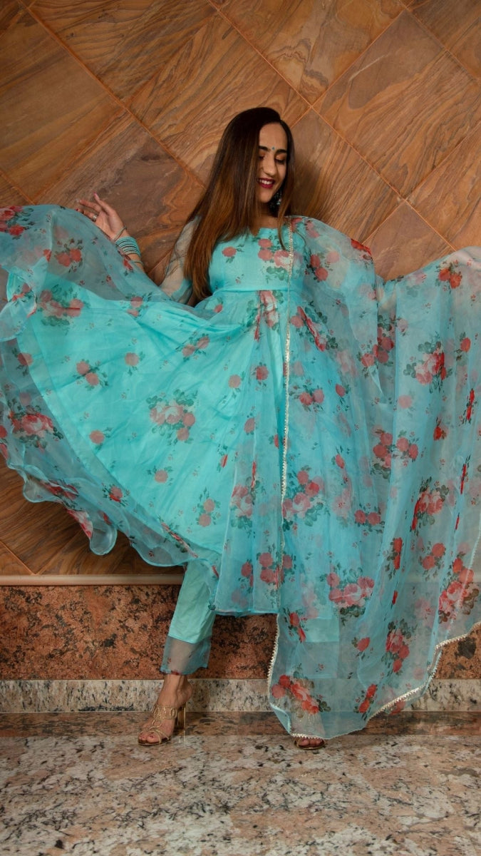 BLUE AND RED FLORAL ORGANZA ANARKALI SET WITH ORGANZA DUPATTA - Pomcha Jaipur