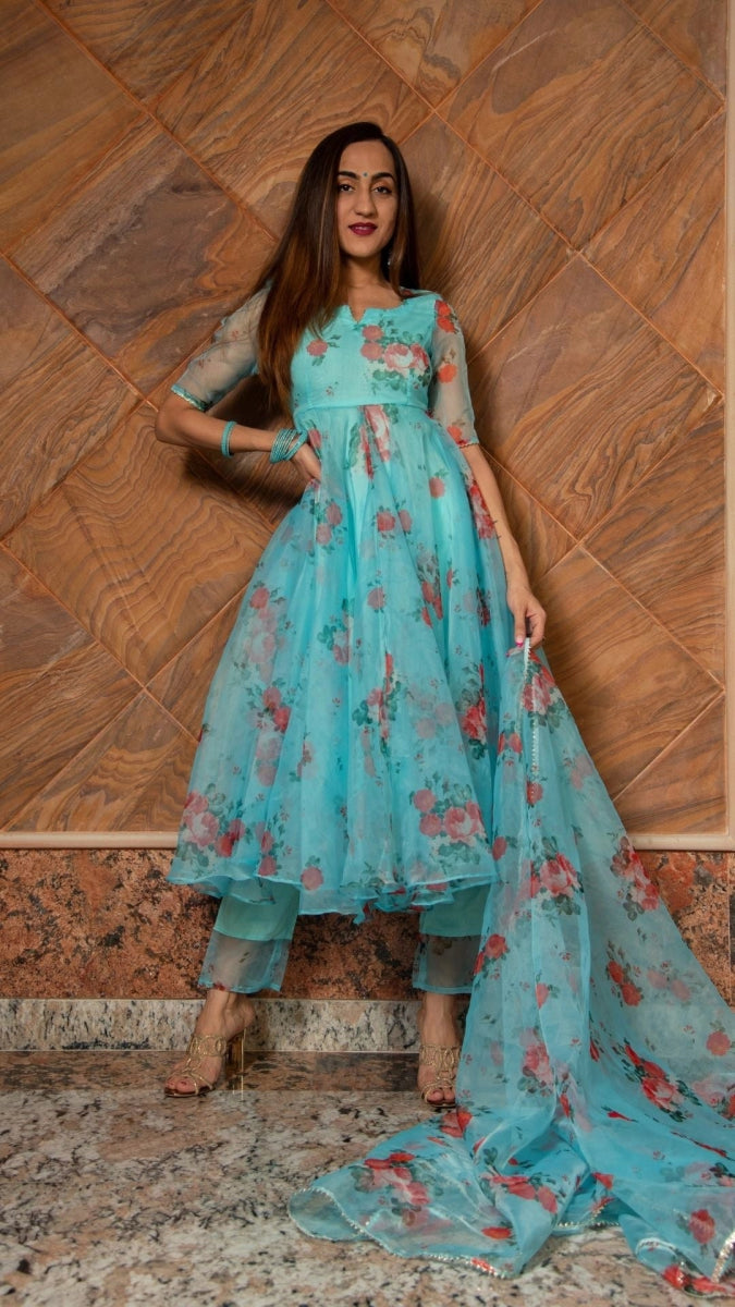 BLUE AND RED FLORAL ORGANZA ANARKALI SET WITH ORGANZA DUPATTA - Pomcha Jaipur