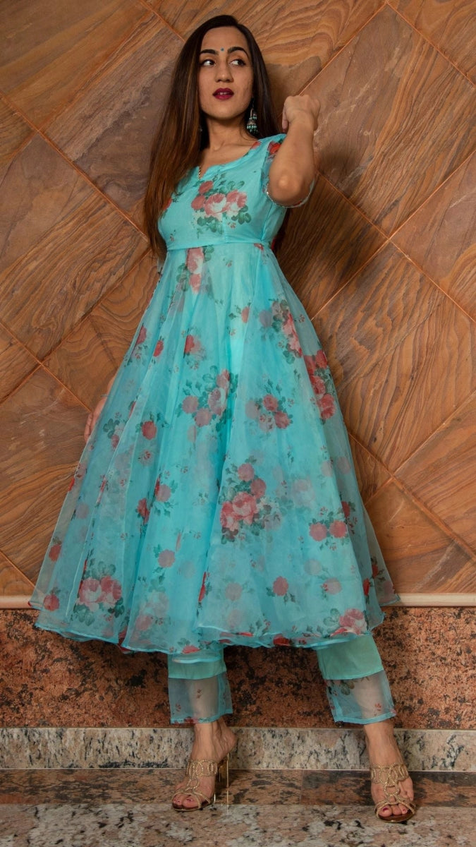 BLUE AND RED FLORAL ORGANZA ANARKALI SET WITH ORGANZA DUPATTA - Pomcha Jaipur