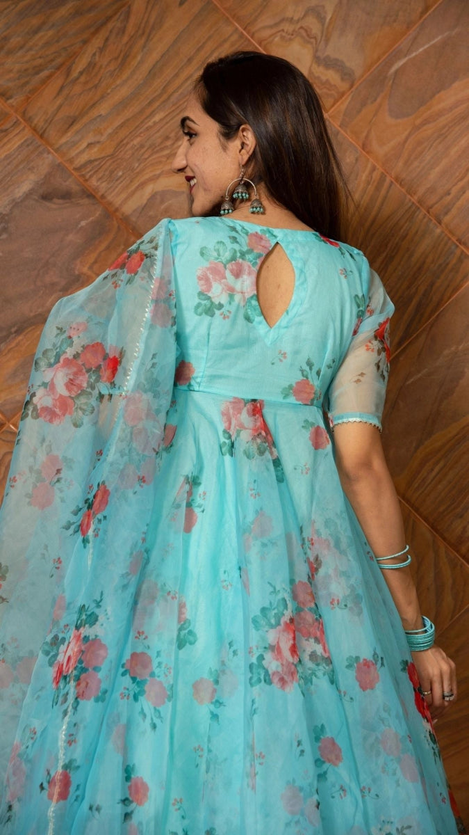 BLUE AND RED FLORAL ORGANZA ANARKALI SET WITH ORGANZA DUPATTA - Pomcha Jaipur