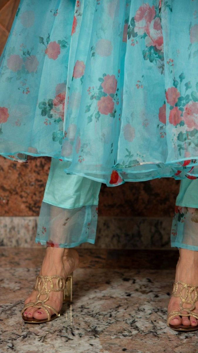 BLUE AND RED FLORAL ORGANZA ANARKALI SET WITH ORGANZA DUPATTA - Pomcha Jaipur