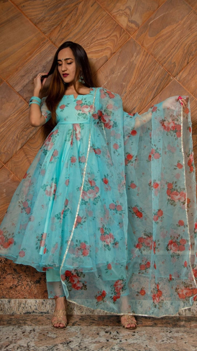 BLUE AND RED FLORAL ORGANZA ANARKALI SET WITH ORGANZA DUPATTA - Pomcha Jaipur