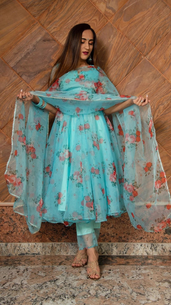 BLUE AND RED FLORAL ORGANZA ANARKALI SET WITH ORGANZA DUPATTA - Pomcha Jaipur