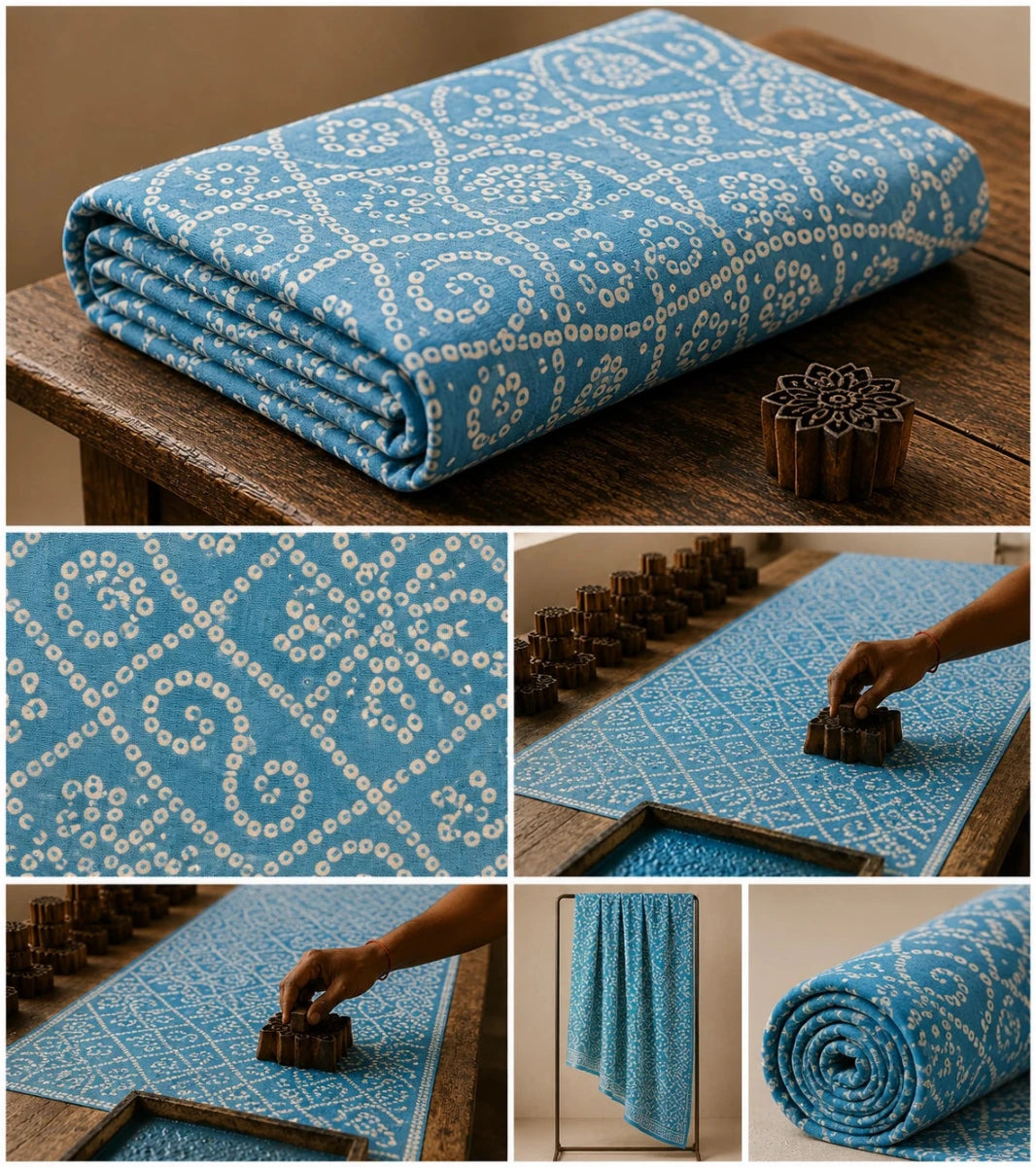 BLUE BANDHEJ COTTON FABRIC WITH TRADITIONAL PATTERNS AND SOFT COMFORTABLE - Pomcha Jaipur