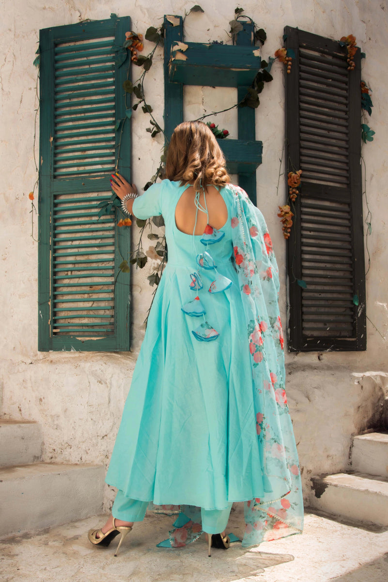 BLUE BERRY PURE COTTON ANARKALI SET WITH ORGANZA DUPATTA - Pomcha Jaipur