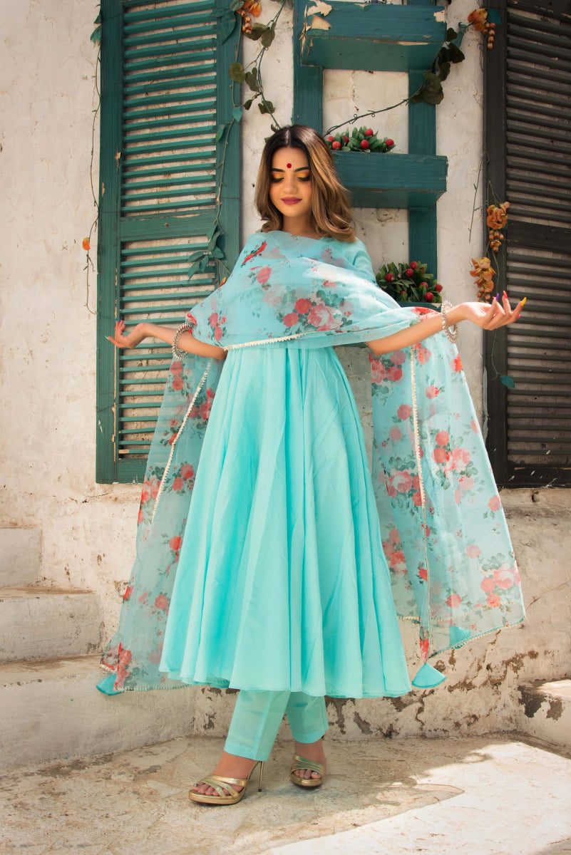 BLUE BERRY PURE COTTON ANARKALI SET WITH ORGANZA DUPATTA - Pomcha Jaipur