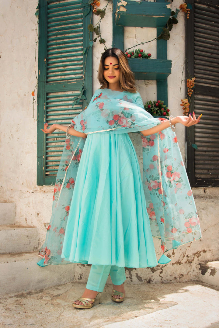 BLUE BERRY PURE COTTON ANARKALI SET WITH ORGANZA DUPATTA - Pomcha Jaipur