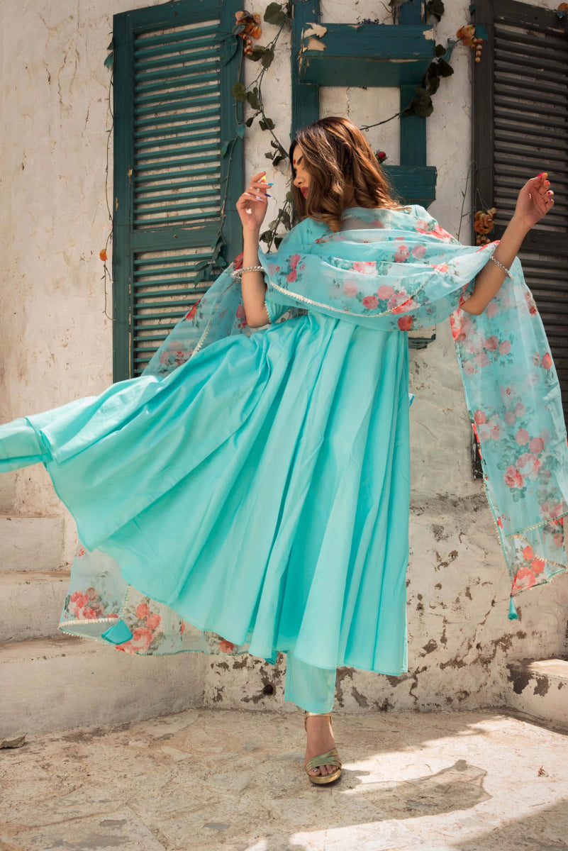 BLUE BERRY PURE COTTON ANARKALI SET WITH ORGANZA DUPATTA - Pomcha Jaipur