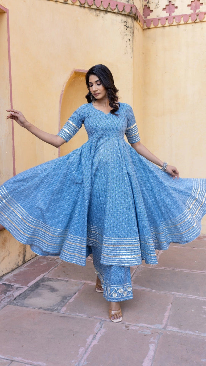 BLUE BOOTI GOTTA JAAL COTTON ANARKALI SET WITH JAAL WORK DUPATTA - Pomcha Jaipur