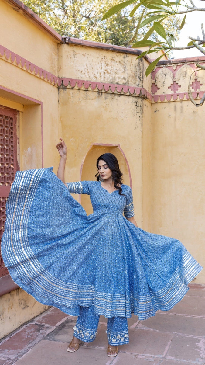 BLUE BOOTI GOTTA JAAL COTTON ANARKALI SET WITH JAAL WORK DUPATTA - Pomcha Jaipur