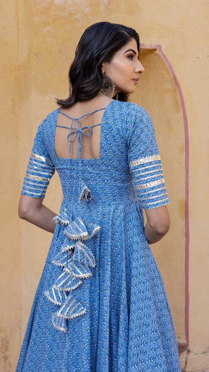 BLUE BOOTI GOTTA JAAL COTTON ANARKALI SET WITH JAAL WORK DUPATTA - Pomcha Jaipur