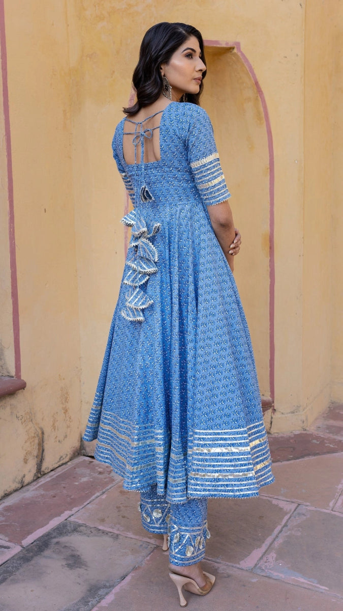 BLUE BOOTI GOTTA JAAL COTTON ANARKALI SET WITH JAAL WORK DUPATTA - Pomcha Jaipur