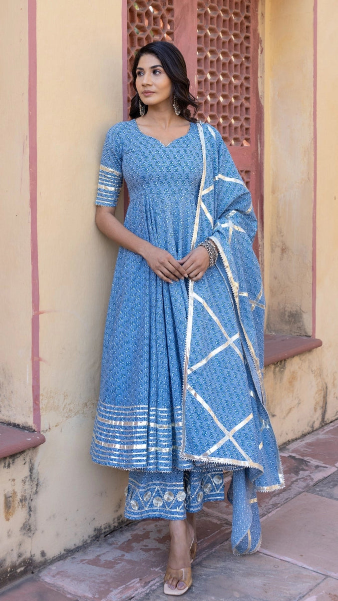 BLUE BOOTI GOTTA JAAL COTTON ANARKALI SET WITH JAAL WORK DUPATTA - Pomcha Jaipur