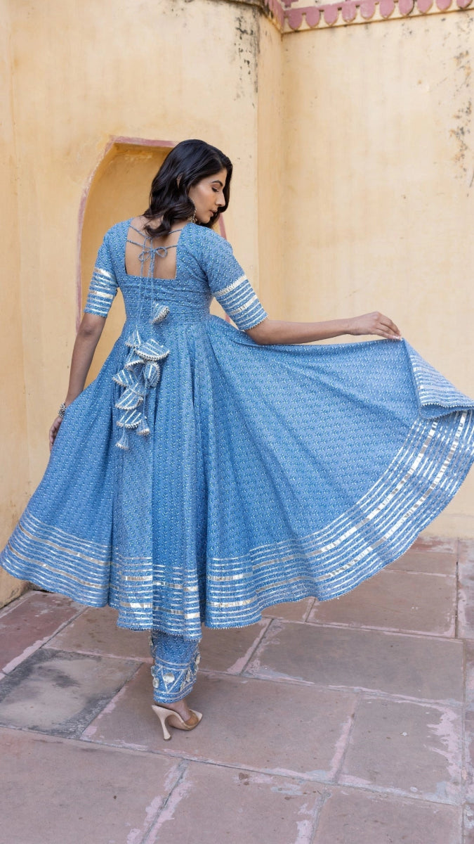 BLUE BOOTI GOTTA JAAL COTTON ANARKALI SET WITH JAAL WORK DUPATTA - Pomcha Jaipur