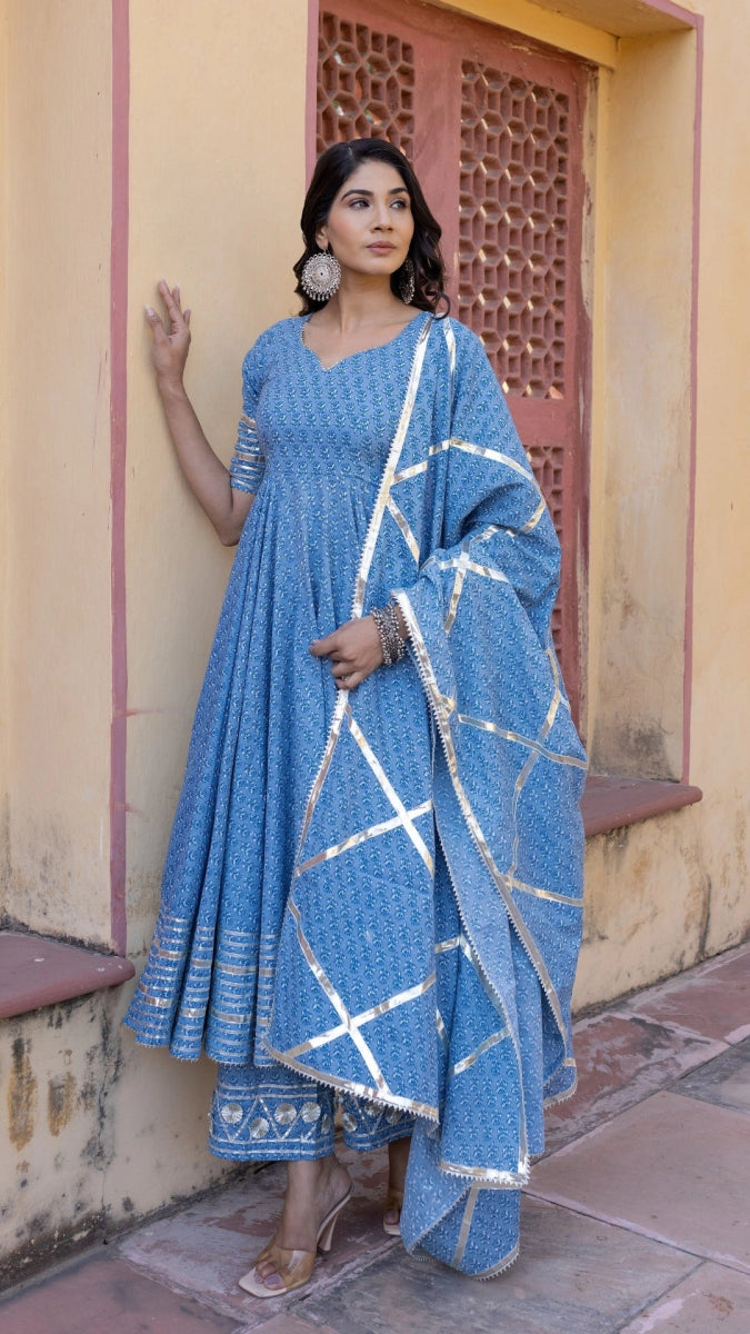 BLUE BOOTI GOTTA JAAL COTTON ANARKALI SET WITH JAAL WORK DUPATTA - Pomcha Jaipur