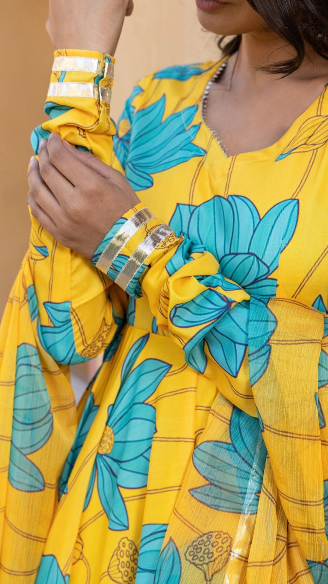 BLUE CARNATION MUSLIN ANARKALI SET WITH CHFFON DUPATTA - Pomcha Jaipur