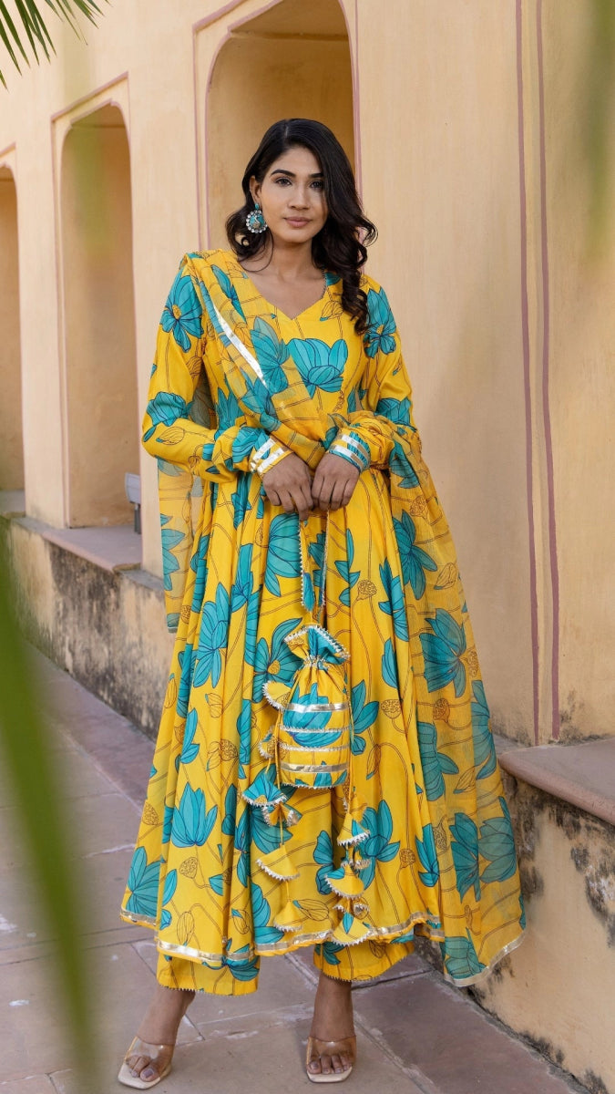 BLUE CARNATION MUSLIN ANARKALI SET WITH CHFFON DUPATTA - Pomcha Jaipur
