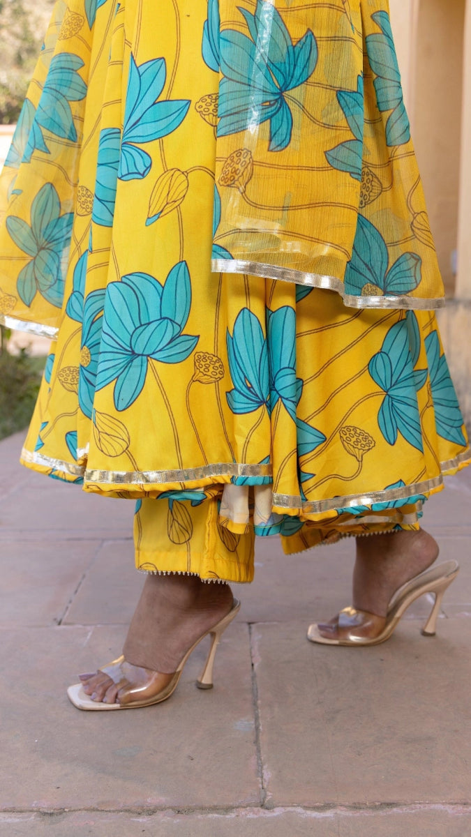 BLUE CARNATION MUSLIN ANARKALI SET WITH CHFFON DUPATTA - Pomcha Jaipur