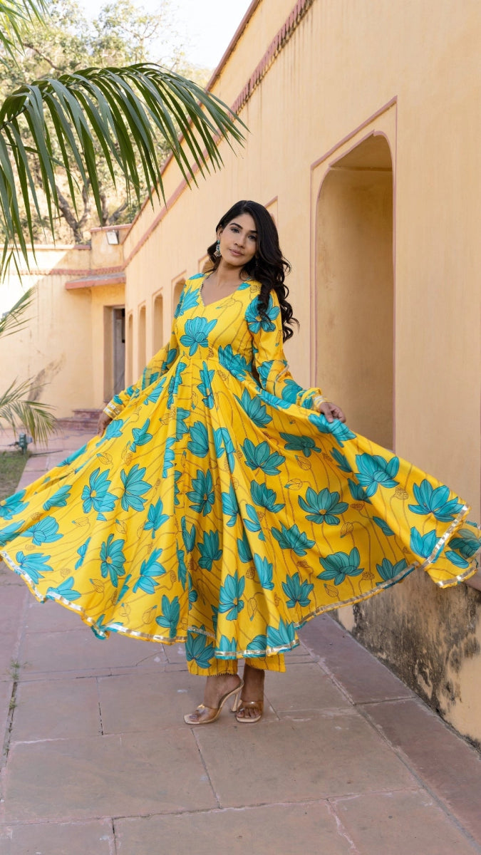 BLUE CARNATION MUSLIN ANARKALI SET WITH CHFFON DUPATTA - Pomcha Jaipur