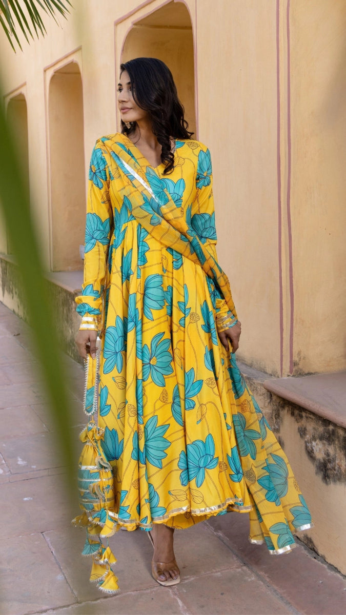 BLUE CARNATION MUSLIN ANARKALI SET WITH CHFFON DUPATTA - Pomcha Jaipur