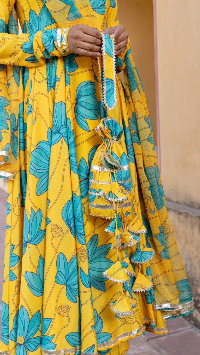 BLUE CARNATION MUSLIN ANARKALI SET WITH CHFFON DUPATTA - Pomcha Jaipur