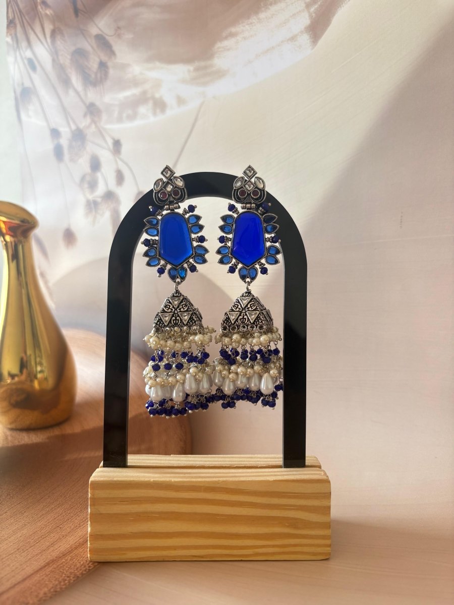 BLUE STONE SLIVER OXIDISED PEARL EARRING SET - Pomcha Jaipur