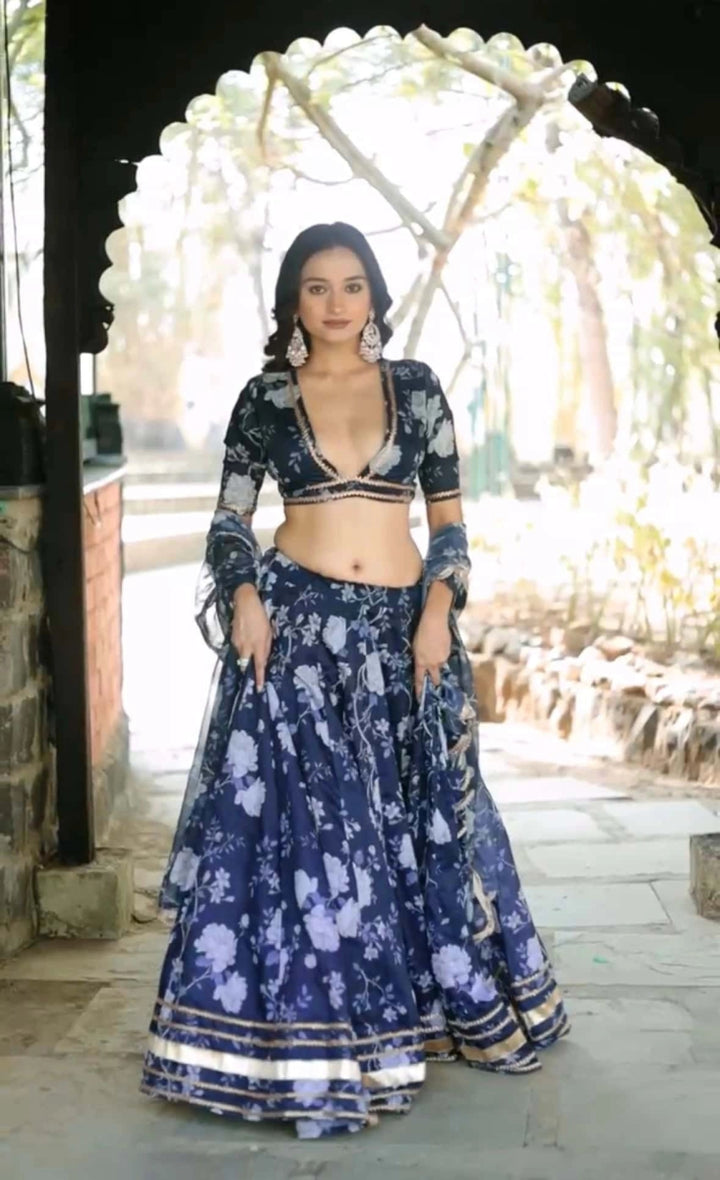 Bluebell MODAL chanderi silk blue LEHENGA with digital print and lace work organza dupatta SET - Pomcha Jaipur