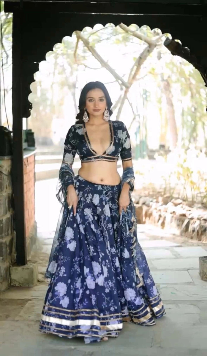 Bluebell MODAL chanderi silk blue LEHENGA with digital print and lace work organza dupatta SET - Pomcha Jaipur