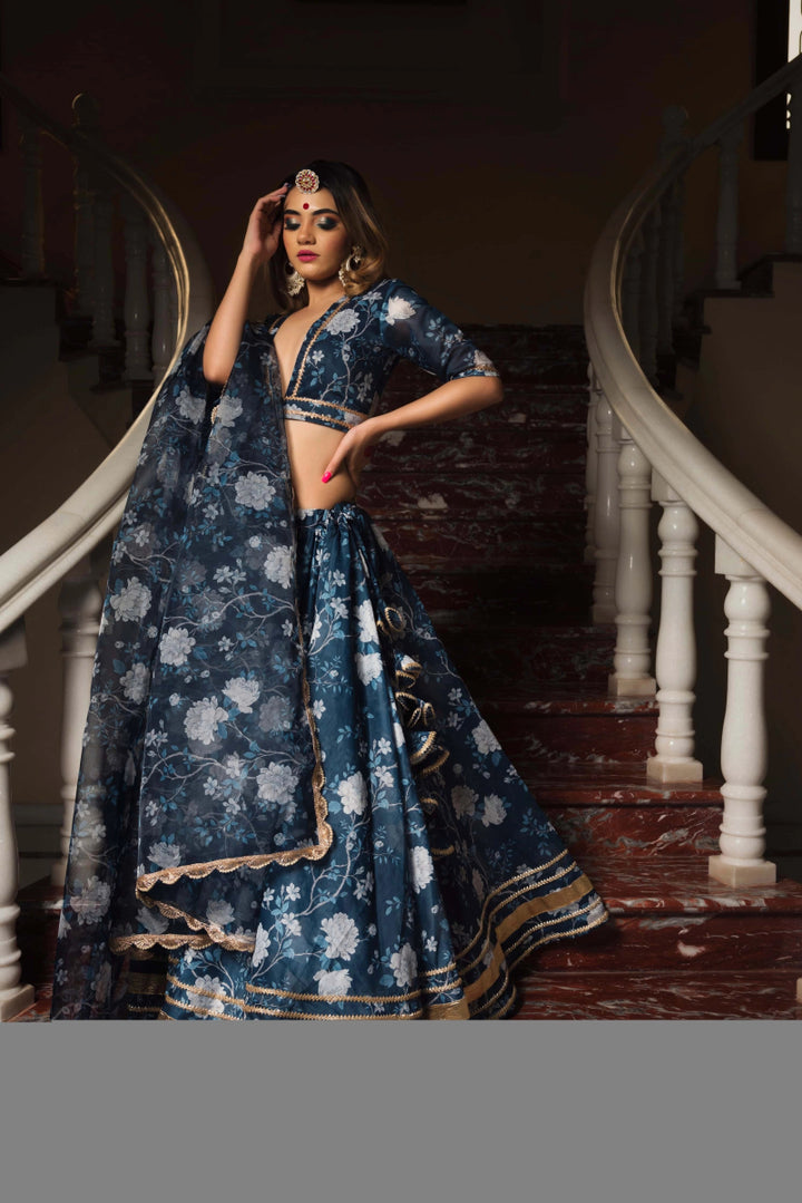 Bluebell MODAL chanderi silk blue LEHENGA with digital print and lace work organza dupatta SET - Pomcha Jaipur