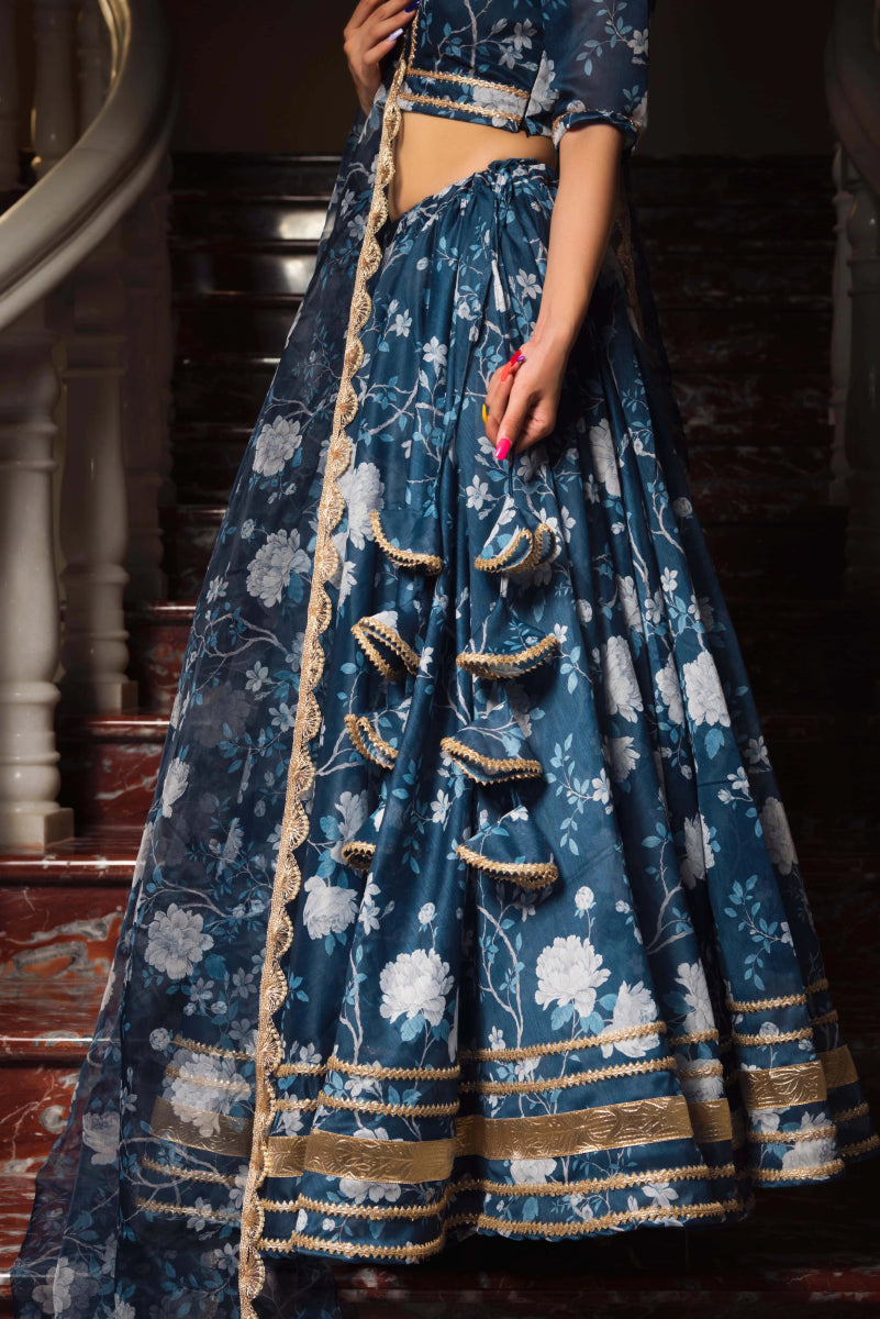 Bluebell MODAL chanderi silk blue LEHENGA with digital print and lace work organza dupatta SET - Pomcha Jaipur