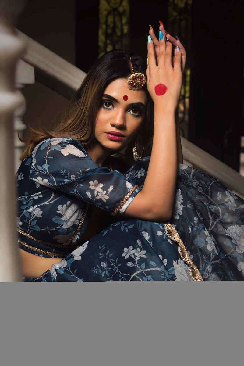 Bluebell MODAL chanderi silk blue LEHENGA with digital print and lace work organza dupatta SET - Pomcha Jaipur