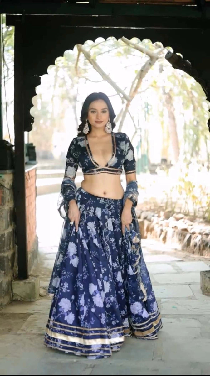Bluebell MODAL chanderi silk blue LEHENGA with digital print and lace work organza dupatta SET - Pomcha Jaipur