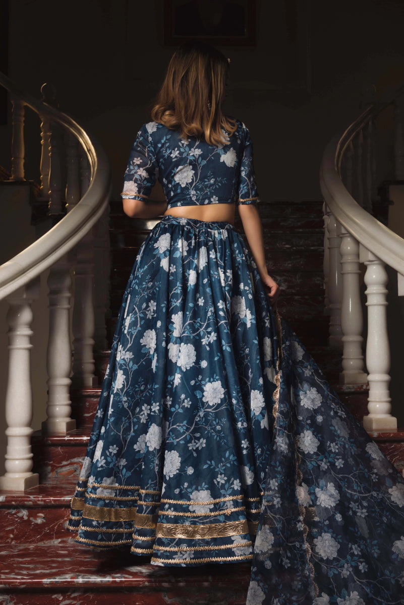 Bluebell MODAL chanderi silk blue LEHENGA with digital print and lace work organza dupatta SET - Pomcha Jaipur