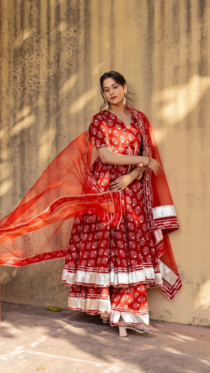 BLUSH RED BLOCK PRINT FRONT OPEN KURTA PLAZO WITH SOFT NET DUPATTA - Pomcha Jaipur