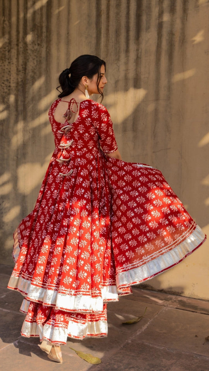 BLUSH RED BLOCK PRINT FRONT OPEN KURTA PLAZO WITH SOFT NET DUPATTA - Pomcha Jaipur