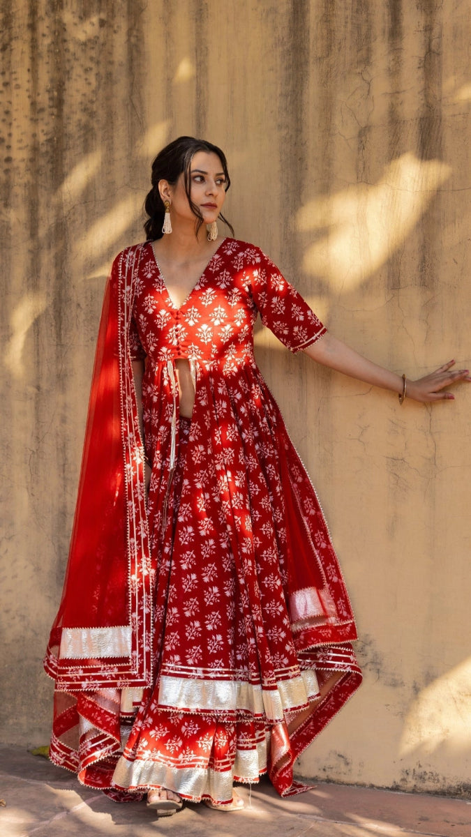 BLUSH RED BLOCK PRINT FRONT OPEN KURTA PLAZO WITH SOFT NET DUPATTA - Pomcha Jaipur